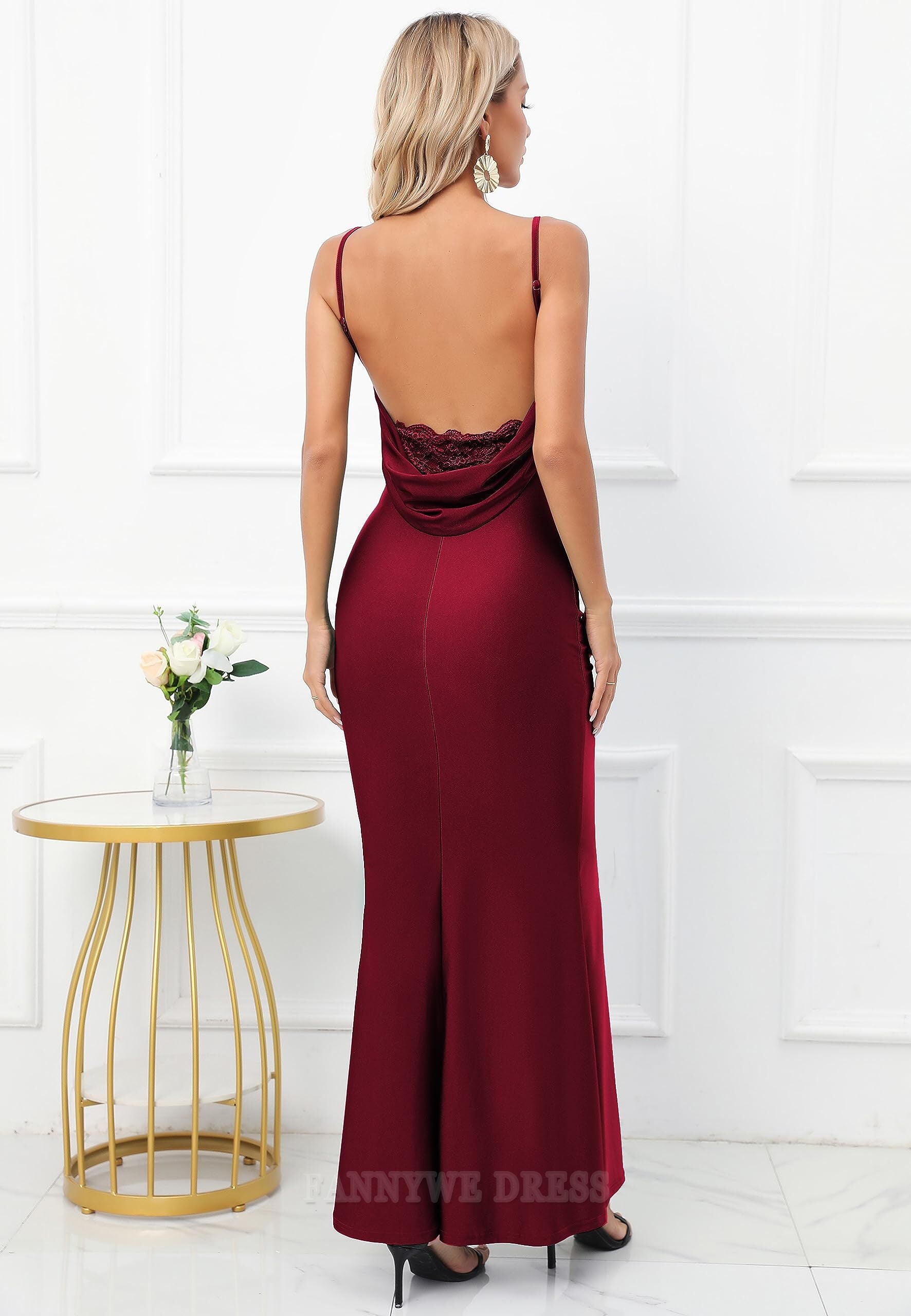 Vestido formal de sirena con escote drapeado, encaje, espalda descubierta y tirantes finos, para dama de honor, de noche y fiesta.